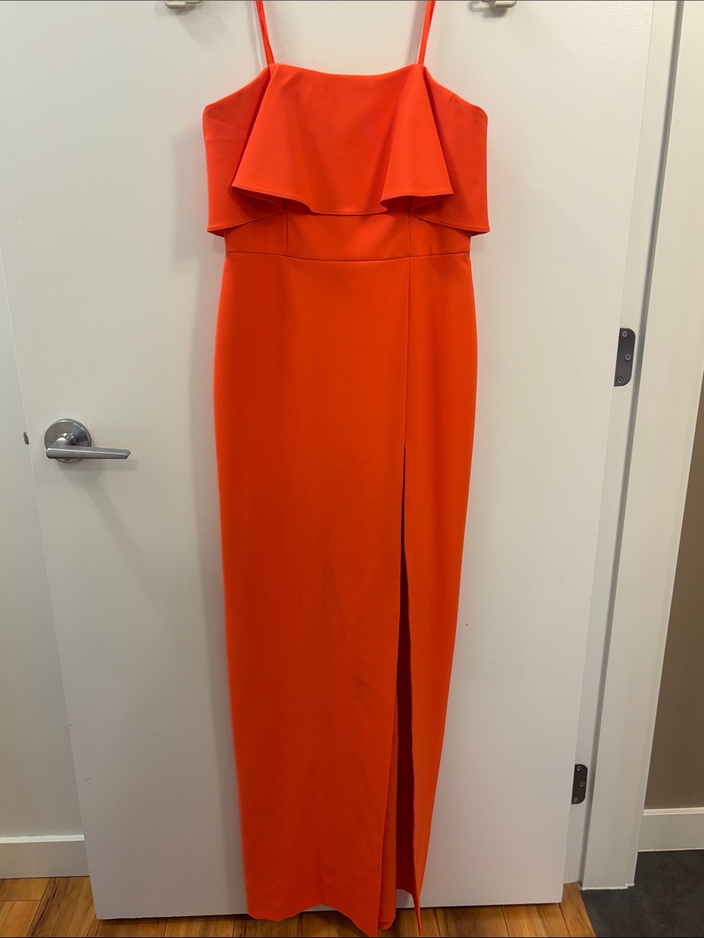 Aidan Mattox Bright Orange Ruffle Maxi Dress with Slit